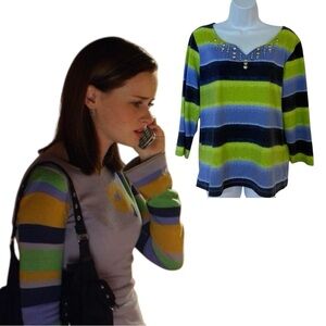 VTG Y2K women lark lane embellished striped blouse with long sleeves size L